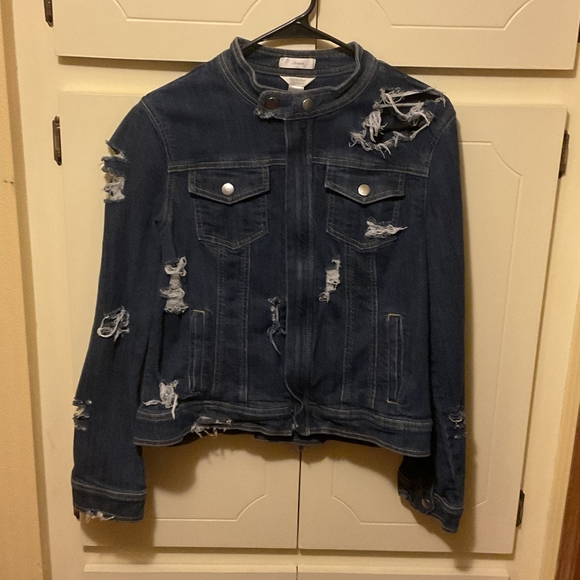 SEXY WOMENS RIPPED/DESTROYED CHRISTOPHER & BANKS LG BLUE DENIM FULL ZIP JACKET - Picture 3 of 14